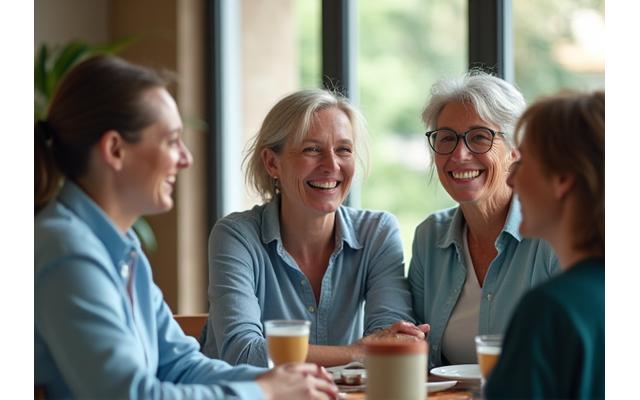 Group of diverse adults sharing and connecting in a community setting