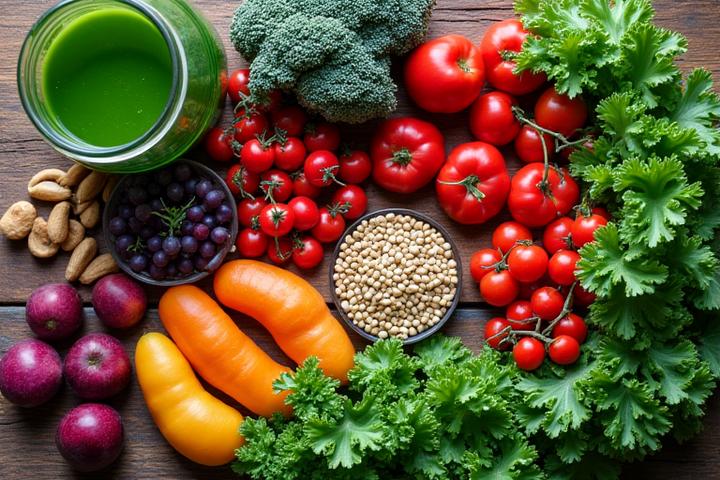 Vibrant, colorful array of fresh, organic plant-based ingredients