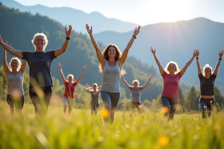 Diverse group of adults enjoying an outdoor yoga class
