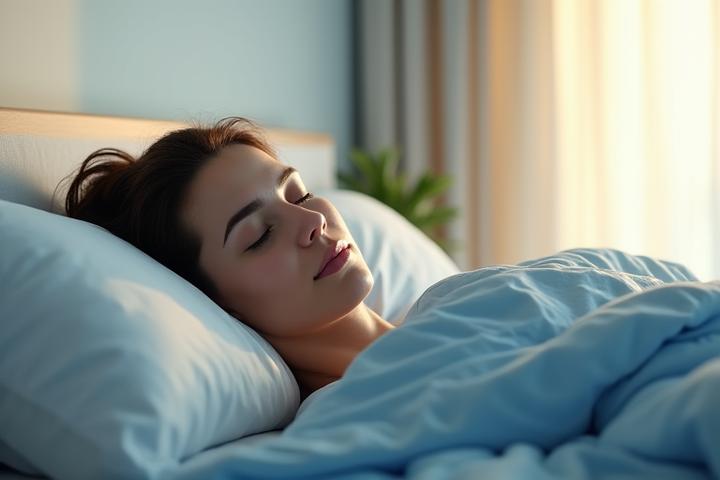 Woman peacefully sleeping in a serene, modern bedroom