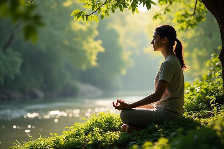 Person meditating peacefully outdoors in a lush, green natural setting